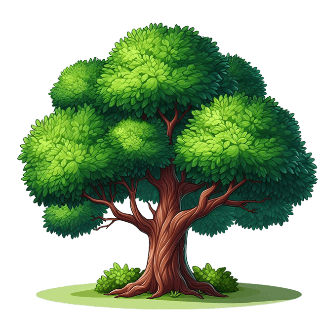 Illustration of a lush, green tree with a robust trunk and dense foliage.