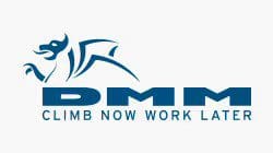 Logo of a fish above the letters "dmm" with the tagline "climb now work later.