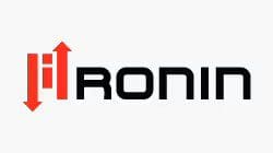 Logo with the word "ronin" featuring a stylized letter "o" with red and orange arrow motifs above and below.