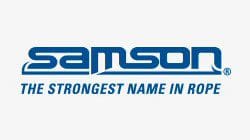 Logo of samson with the tagline "the strongest name in rope.