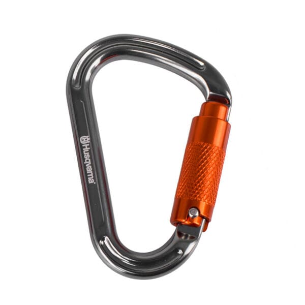 Silver and orange safety carabiner