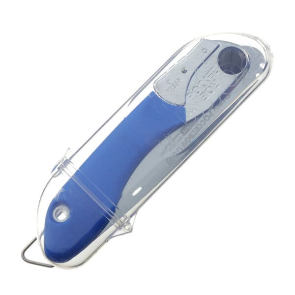 Blue pocket saw in clear case.