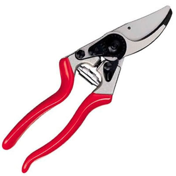 Red-handled bypass pruning shears.