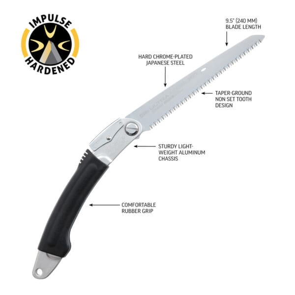 Impulse hardened folding saw with rubber grip.