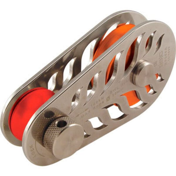 Silver and orange climbing pulley