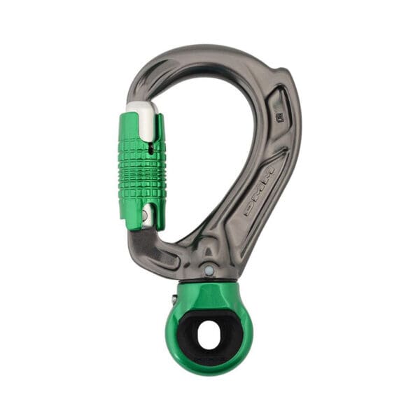 Green and grey climbing carabiner with a swivel.