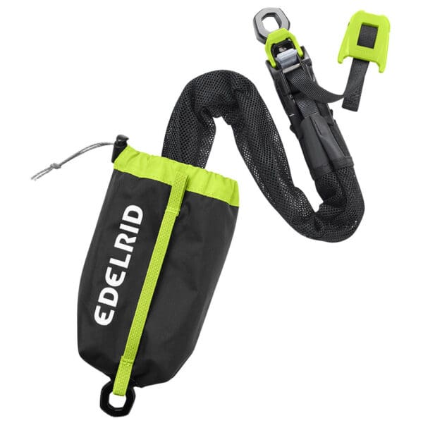 Black and green Edelrid climbing rope bag.