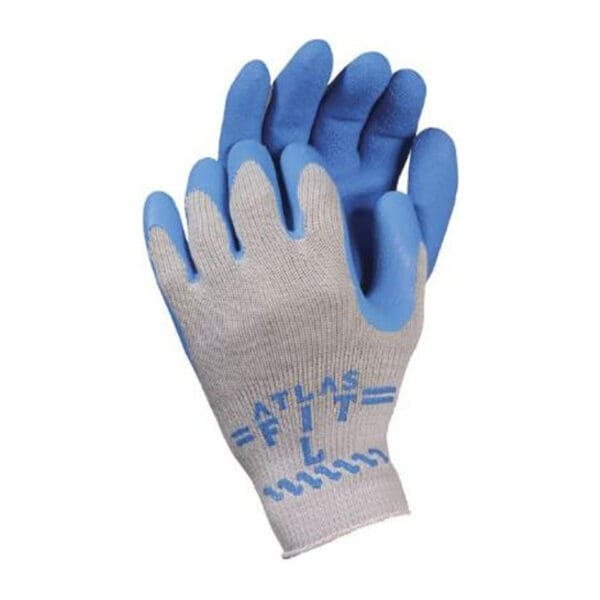 Gray and blue Atlas Fit work gloves.