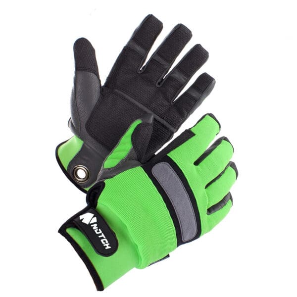 Green and black work gloves with logo.