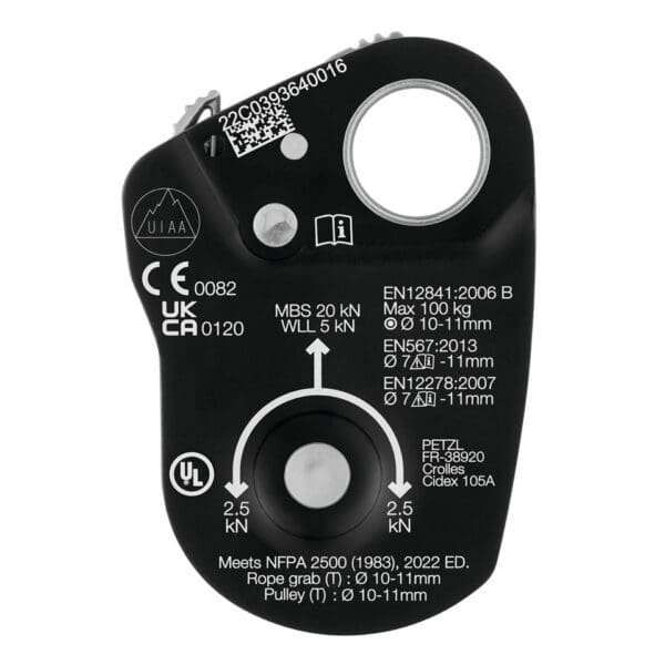 Petzl black ascender with technical details.