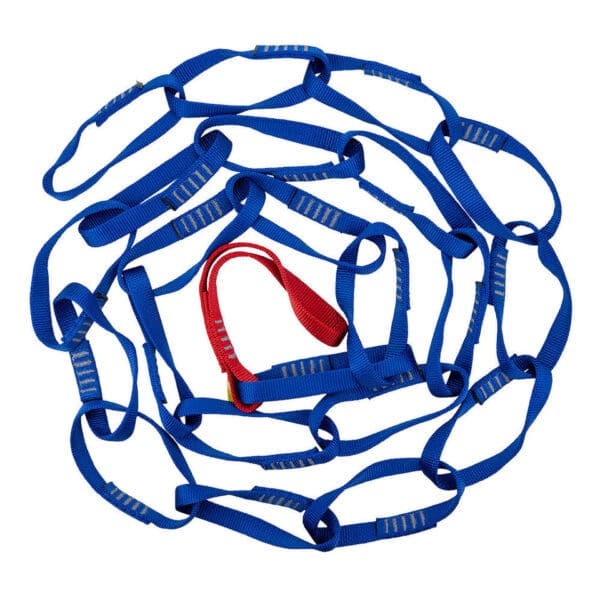 Blue climbing sling with red loop.