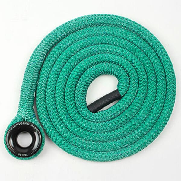 Green braided rope with metal ring.