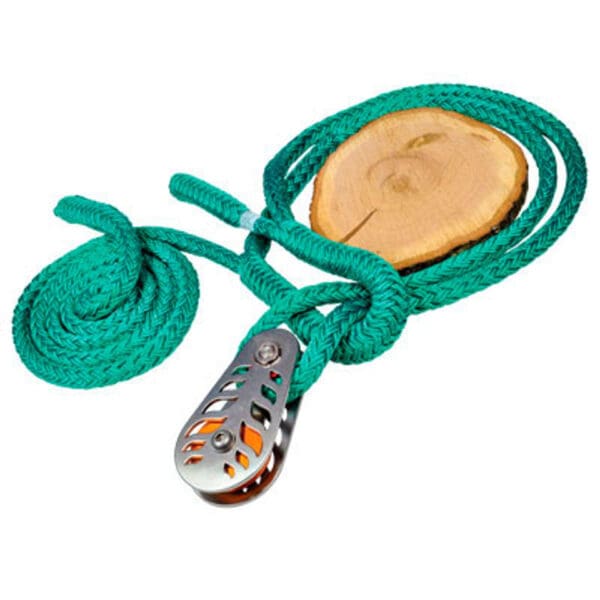 Green rope with metal pulley and wood