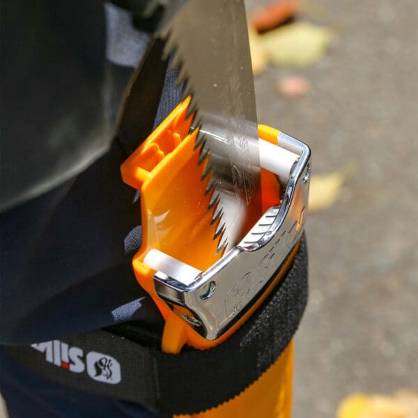 Close-up of a saw blade in a sheath.