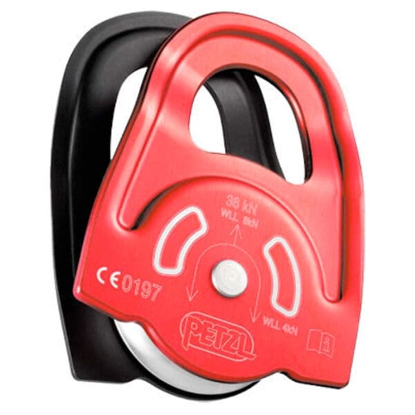 Red Petzl pulley with black frame.