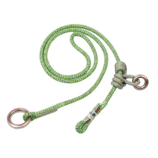 Green climbing rope with metal rings.