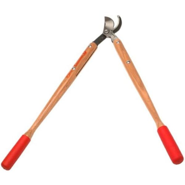 Long-handled pruning shears with red grips.