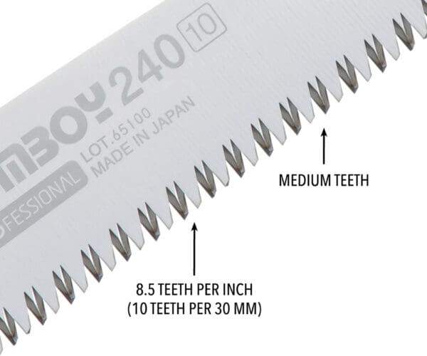 Close-up of saw blade with medium teeth.