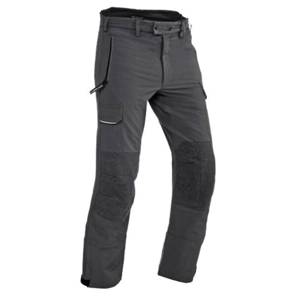 Gray work pants with reinforced knees.