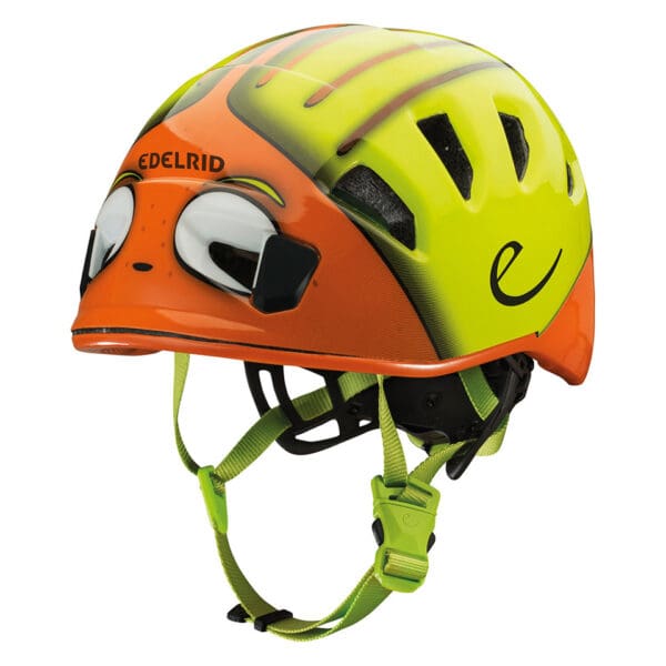 Orange and green climbing helmet with straps.