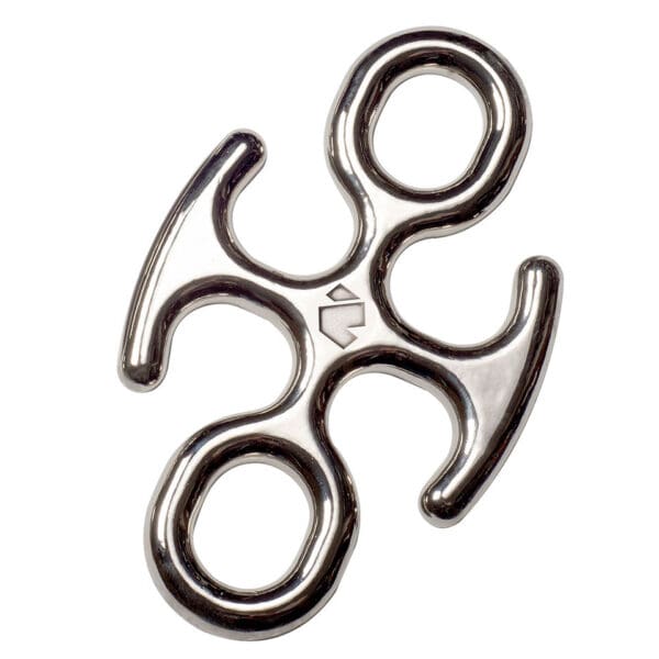 Silver metal climbing anchor with loops.