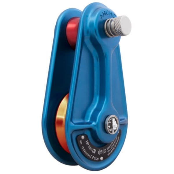 Blue aluminum climbing pulley with rope.