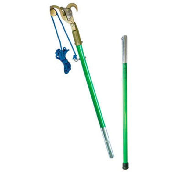 Green telescopic tree pruner with rope.