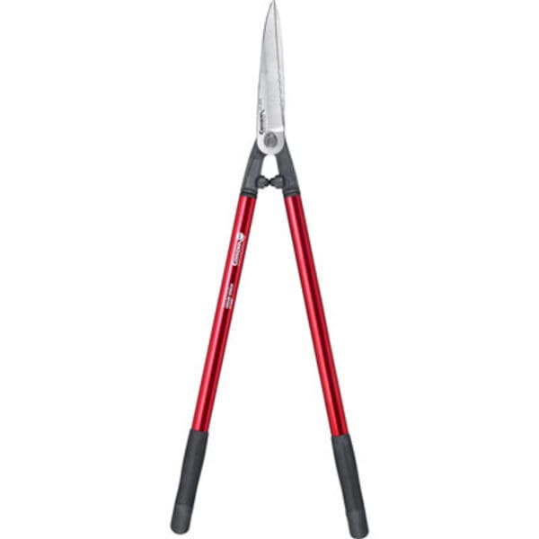 Red-handled garden shears with black grips.