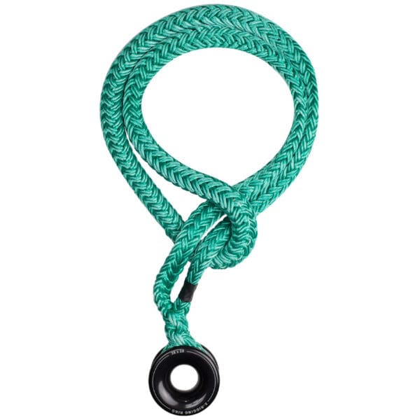 Green climbing rope with ring knot.