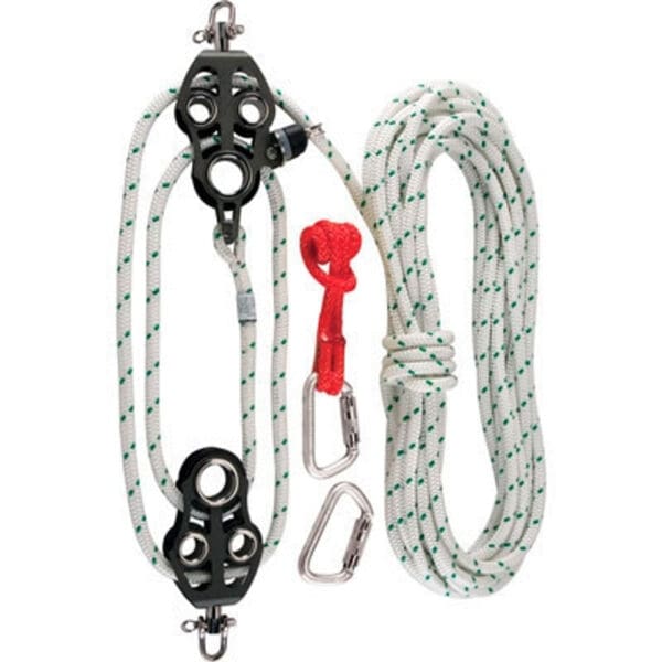 White and green rope with two pulleys and carabiners.