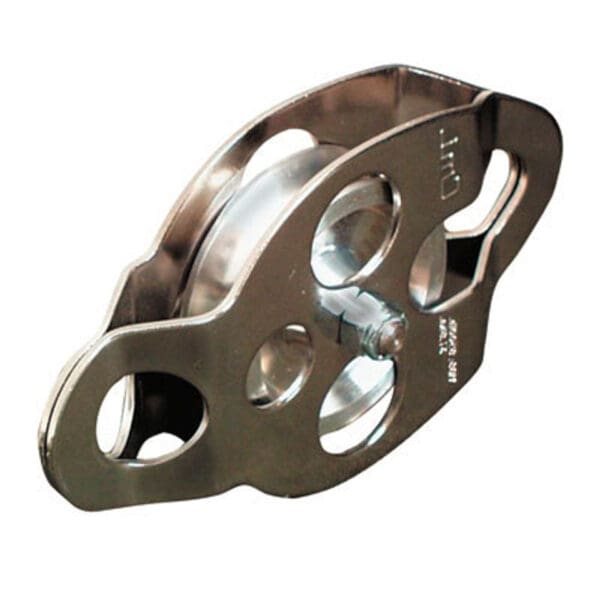 Silver metal single pulley block.