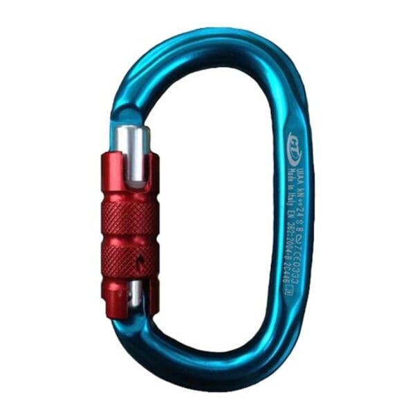 Blue and red locking climbing carabiner.