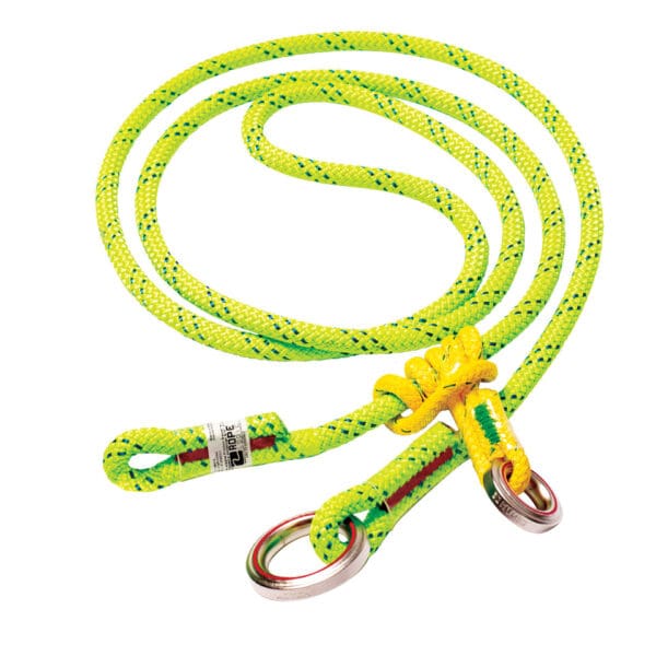 Green climbing rope with metal rings.