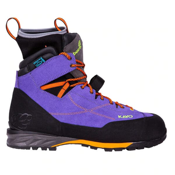 Purple and black hiking boot with orange accents.