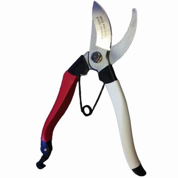 Red and white handled pruning shears.