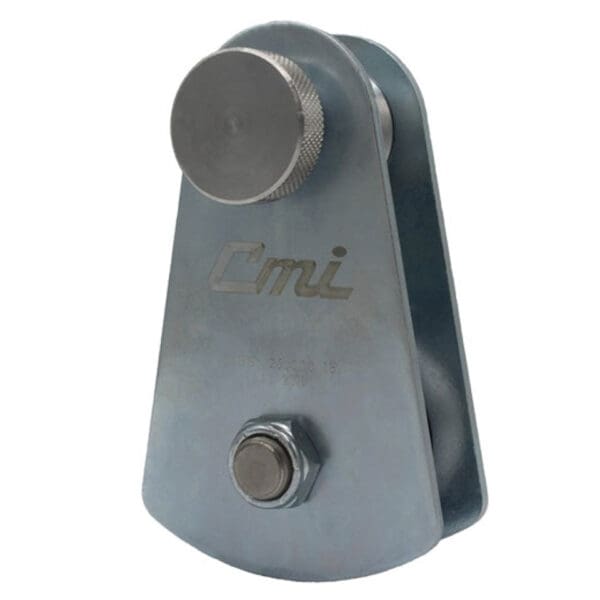 Silver metal pulley with Cmi logo.