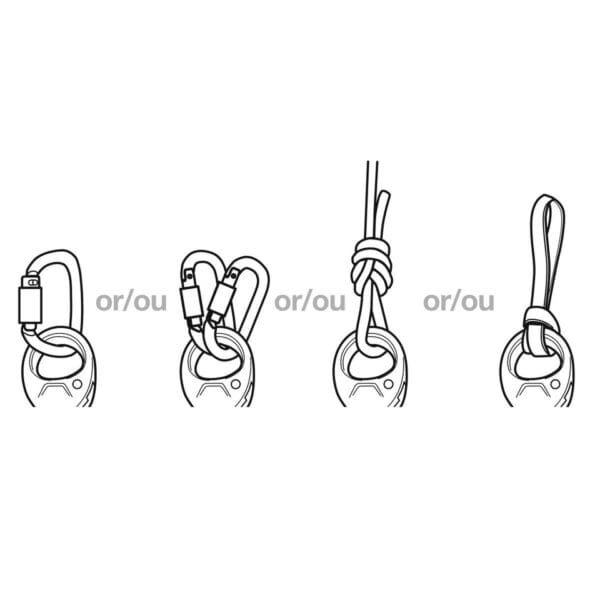 Carabiner and rope attachment methods.