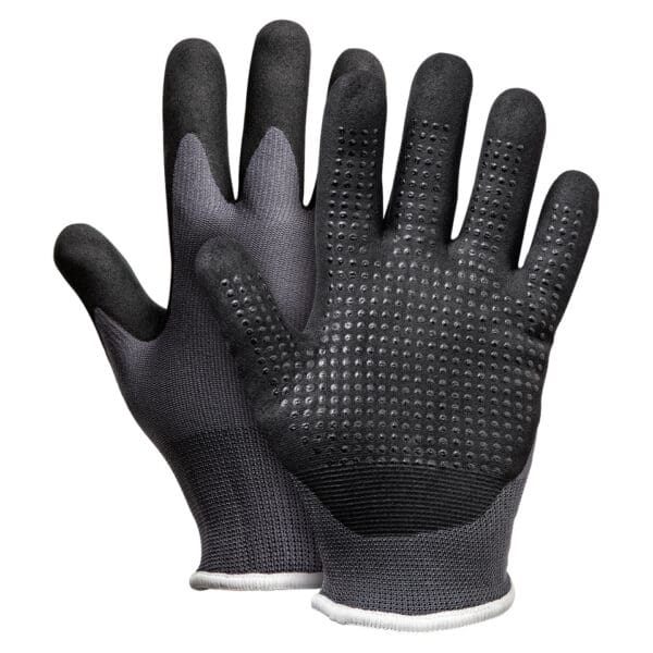 Pair of black work gloves with grip dots.