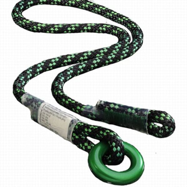 Green and black climbing rope with ring.