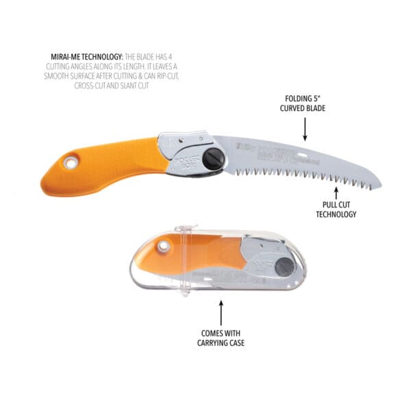 Orange folding saw with carrying case.