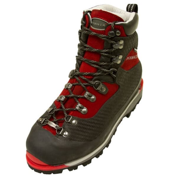 Red and black Tanner mountaineering boot.