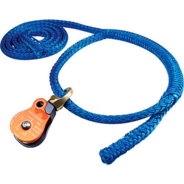 Blue rope with orange pulley and hook.