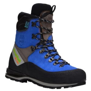 Blue and black hiking boots with laces.