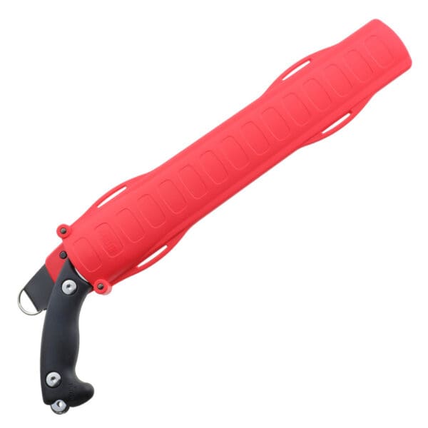 Red folding saw with black handle.