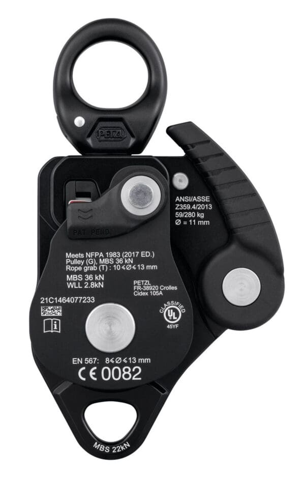 Black Petzl I'D S pulley with CE marking.