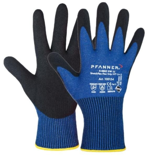 Pair of blue and black work gloves.