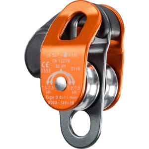 Orange and gray double pulley climbing device.