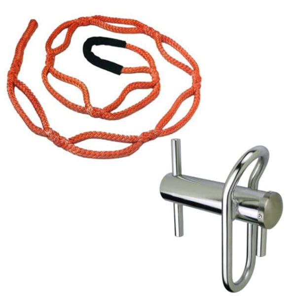 Orange rope and stainless steel cleat.