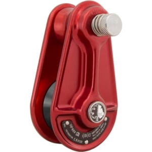 Red single-pulley climbing device.