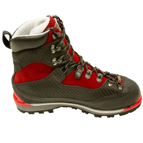 Red and black hiking boot with laces.